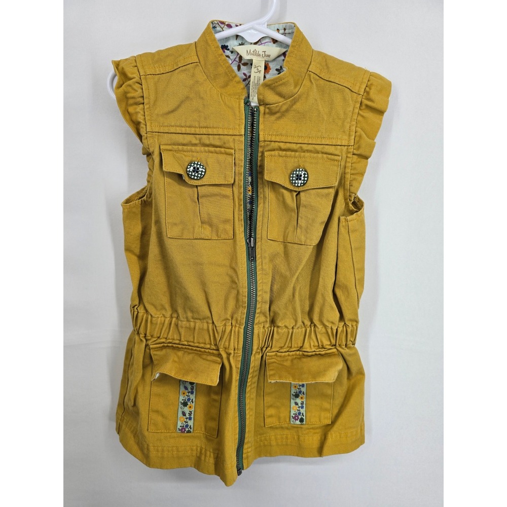 Matilda Jane Girls Mustard Yellow Floral Utility Vest Ruffle Shoulder Size 6